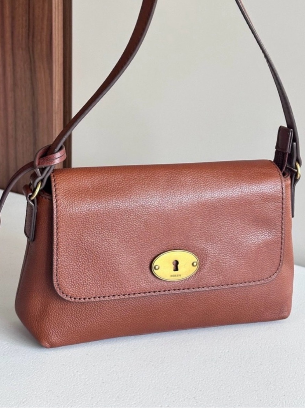 Fossil Brown Leather Flap Crossbody Bag